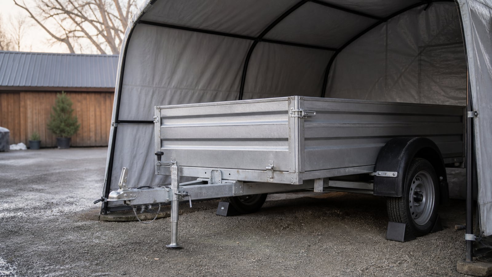 Ongebrande aanhanger naast een Nederlandse oprit met praktische spullen voor huren of kopen