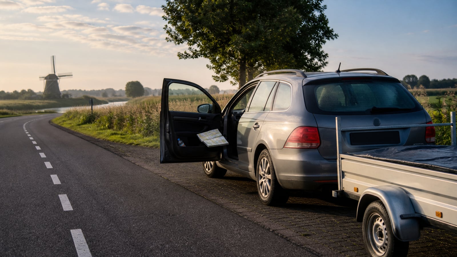 Persoon controleert wiel en band van een aanhanger in een nette werkplaats