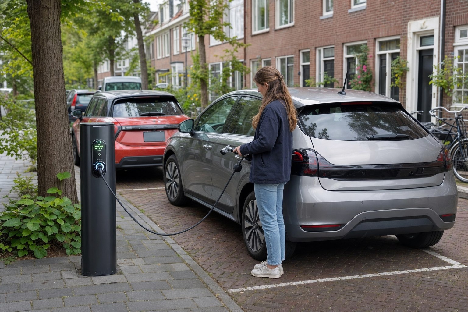 Bestuurder sluit een elektrische auto aan op een openbare laadpaal in een Nederlandse woonstraat