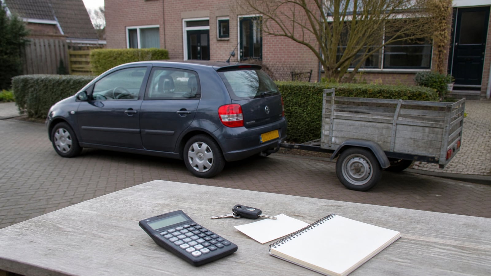 Bestuurder rijdt rustig achteruit met een aanhanger terwijl iemand aanwijzingen geeft