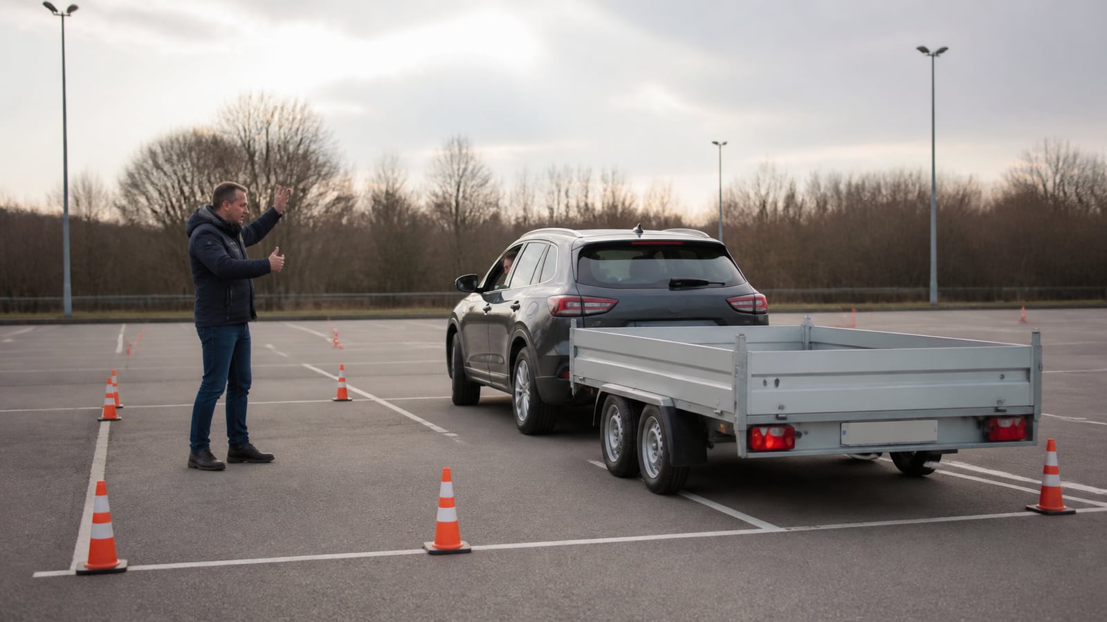 Tweedehands hatchback naast een aanhanger met neutrale kostenhulpmiddelen
